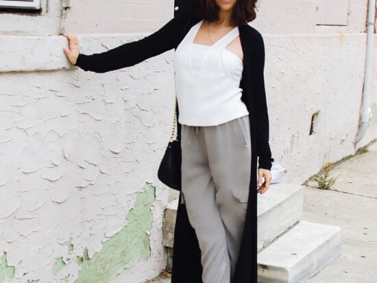 IMG_shop-tobi-grey-jogger-Alexis-Washed-Tencel-Jogger-pants-shopbop-white-top-work-rag-bone-black-duster-ann-taylor-cork-shoes-work-look-philly-back-to-work