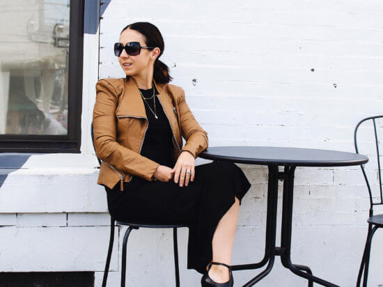 IMG_my goal for 2018 and why I became a blogger wearing a simple black dress with a slit and a brown leather moto jacket with shultz black rosaflor heels