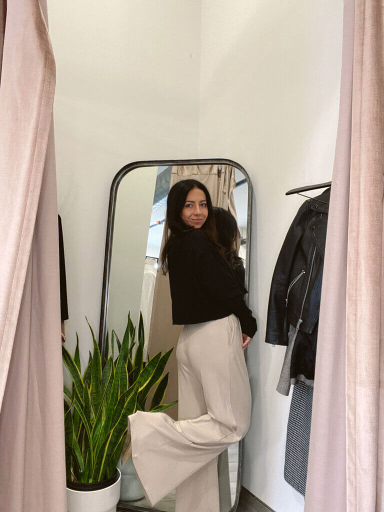 Styling high-waisted knit trousers in a local Philadelphia boutique called Naaz